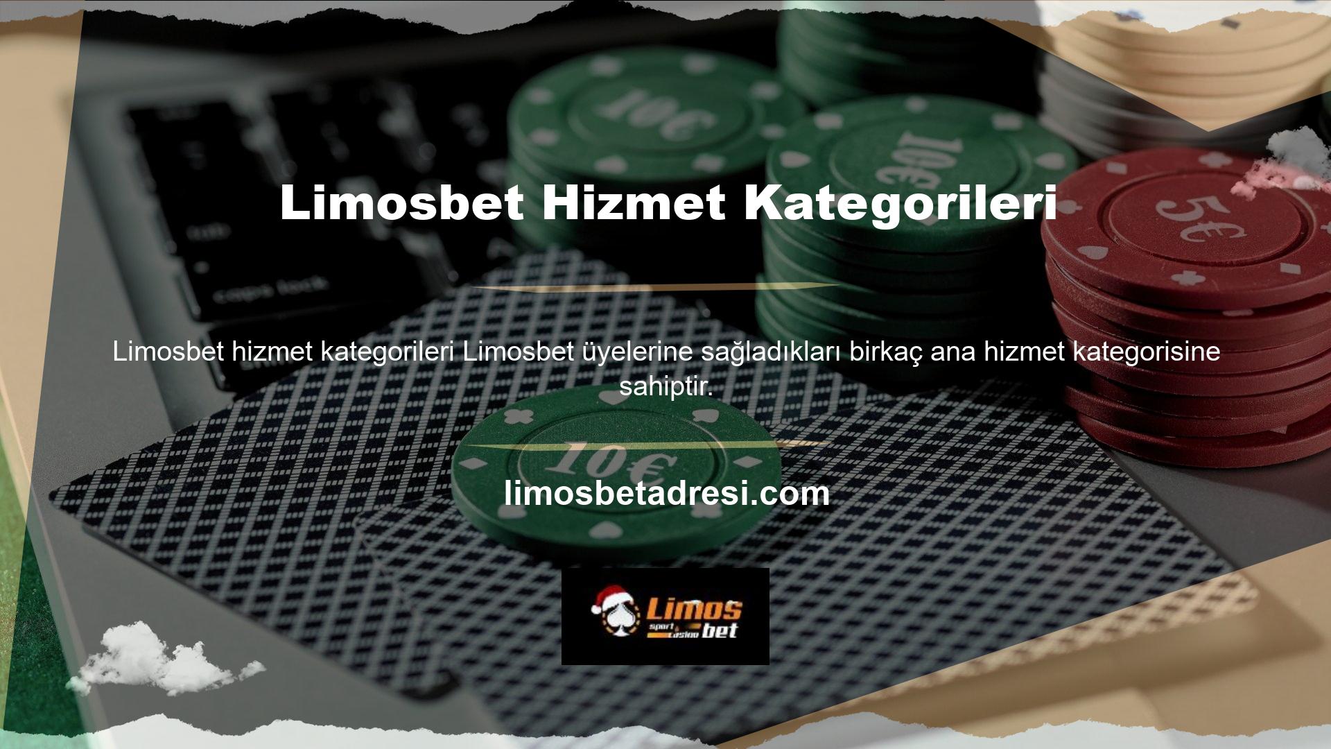 Bu ana kategoriler spor bahisleri, canlı bahisler, canlı casino, bahis borusu, kahve, yuvalar, sanal oyunlar, poker, oyunlar, kazı ve bingo'dur